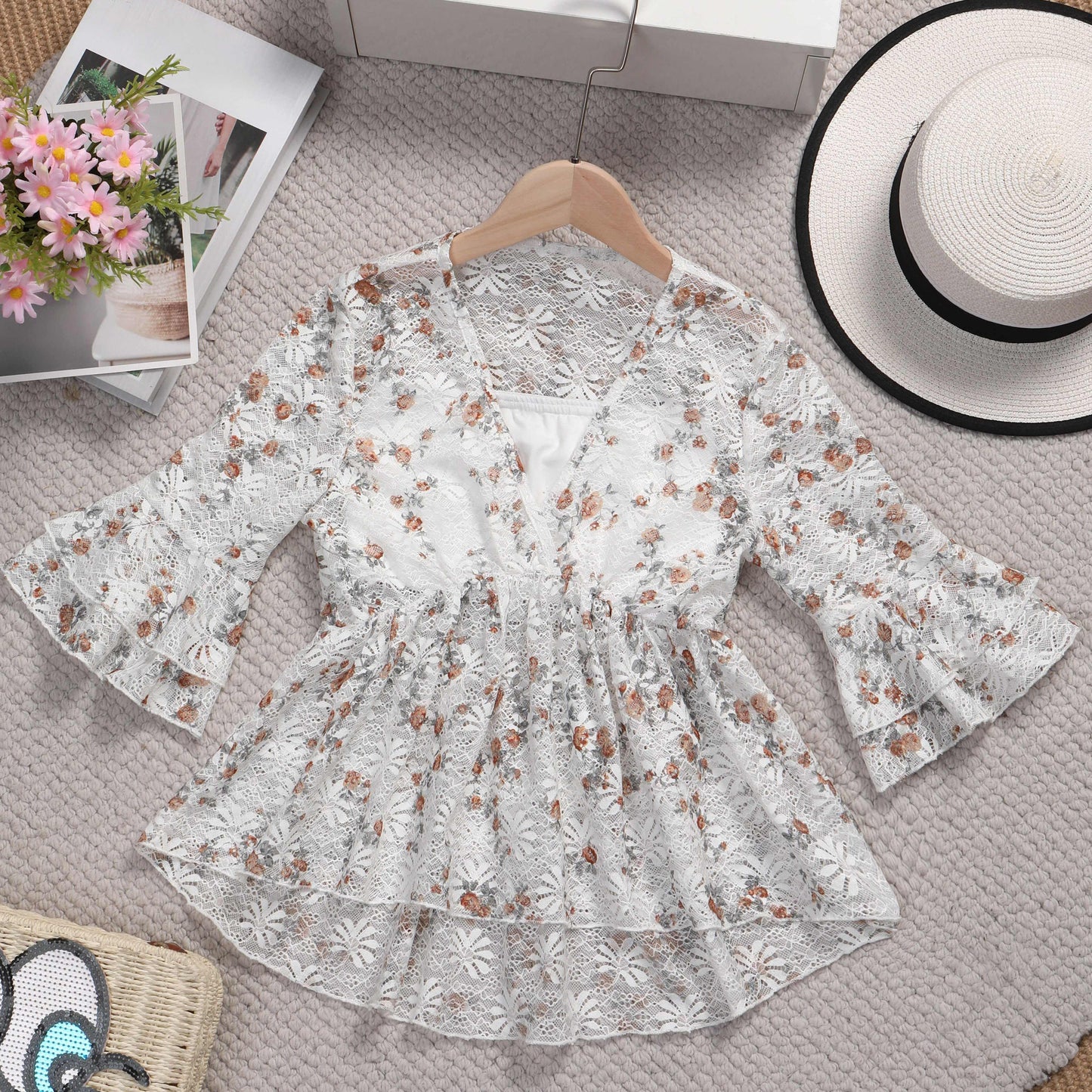 2-Piece Girls Floral Fashion Peplum Blouse Set - V-Neck, Three Quarter Length Flared Sleeves, Loose Fit, Slight Stretch, Sheer, Dipped Hem - Perfect for Summer