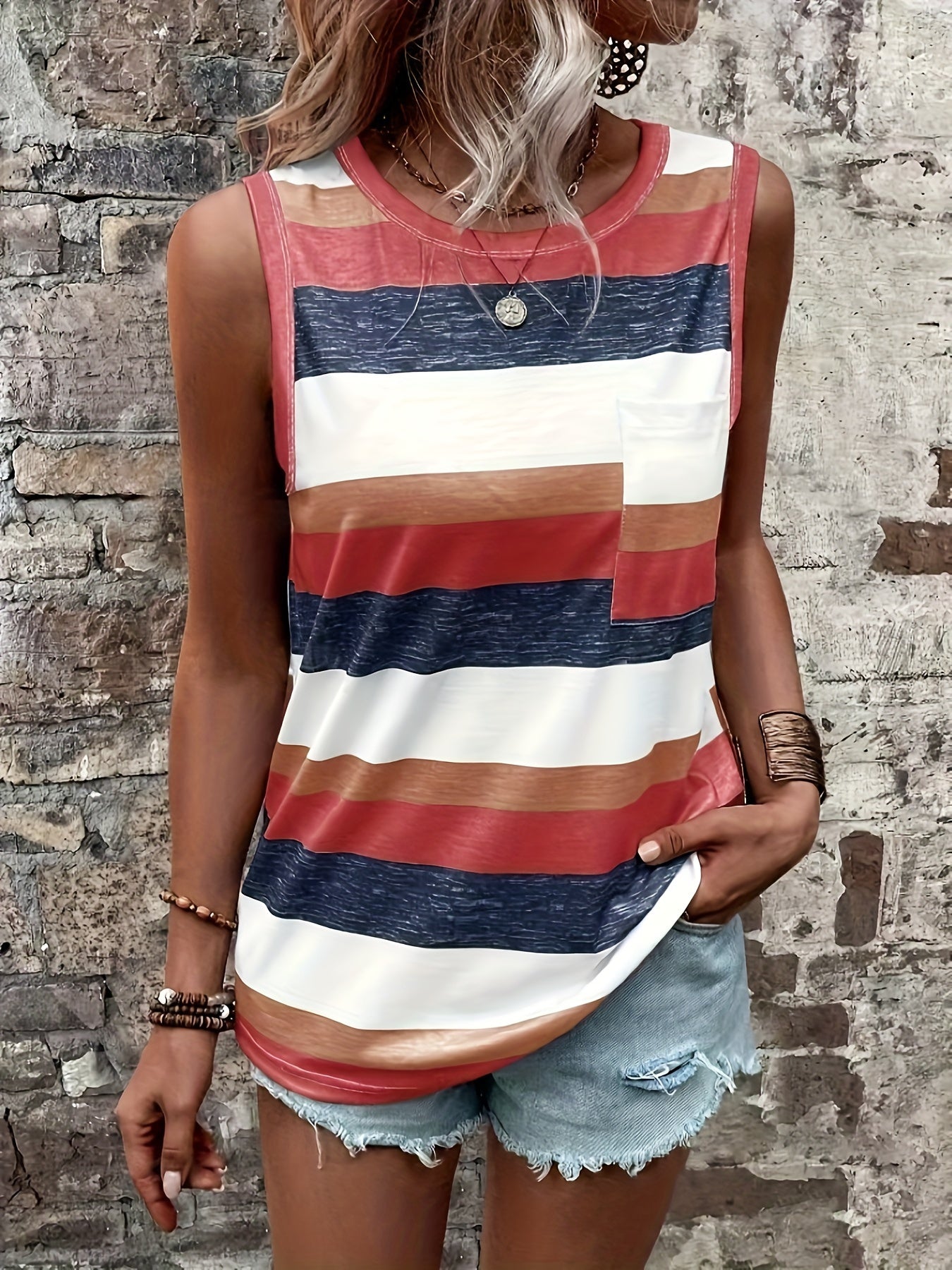 Striped Print Crew Neck Tank Top, Casual Sleeveless Patched Pocket Tank Top For Spring & Summer, Women's Clothing