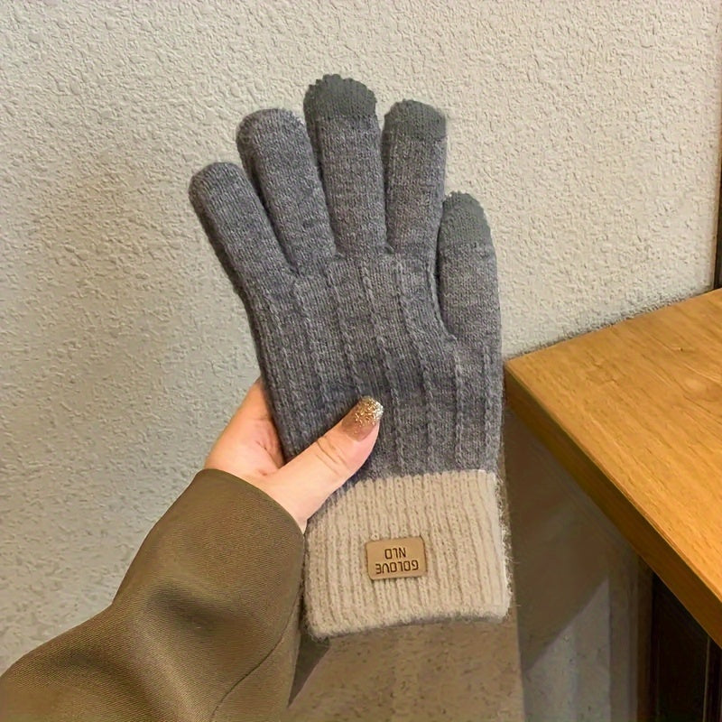 1 Pair of Cozy Two-Tone Winter Knitted Full Finger Gloves - Warm, Letter Patched, Soft, and Stretchy for Womens Cold Weather Protection - Perfect for Outdoor Activities