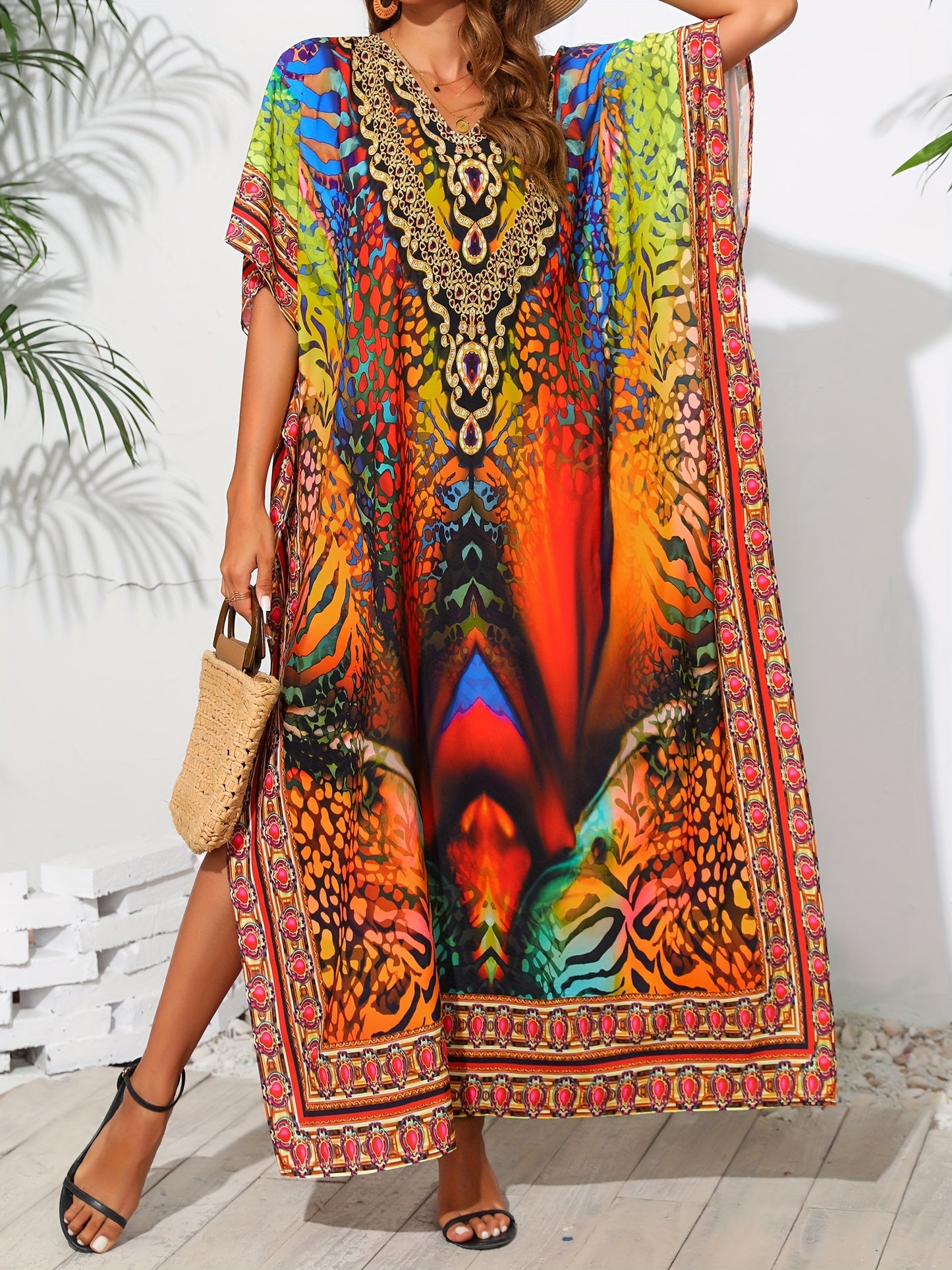 Plus Size Womens Vibrant Tribal Print V Neck Boho Chic Loose Fit Short Sleeve Kaftan Dress for Vacay Beach Cover Up - Soft Non-Stretch Polyester Fabric, Split Details, Pullover Design, Random Printing - Perfect for Curvy Ladies