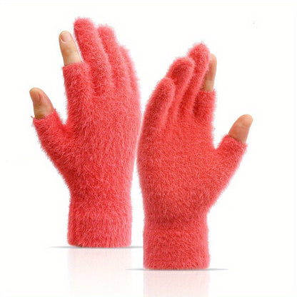 Plus Velvet Thickened Warm Gloves - Soft, Open Fingers Design for Convenient Touch Screen, Coldproof, and Comfortable Writing Experience for Women in Winter