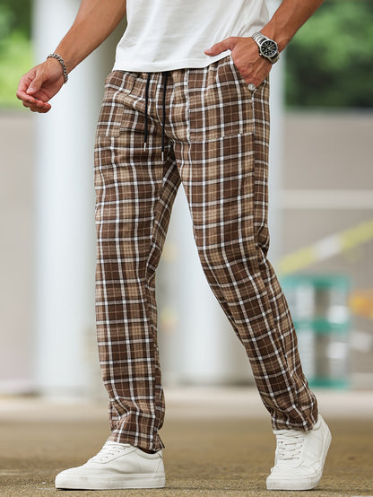 Men's Simple Style Plaid Pattern Casual Comfy Pants, Trendy Loose Stretchy Elastic Waist Home Pajamas Bottom, Suitable For Sleeping Home