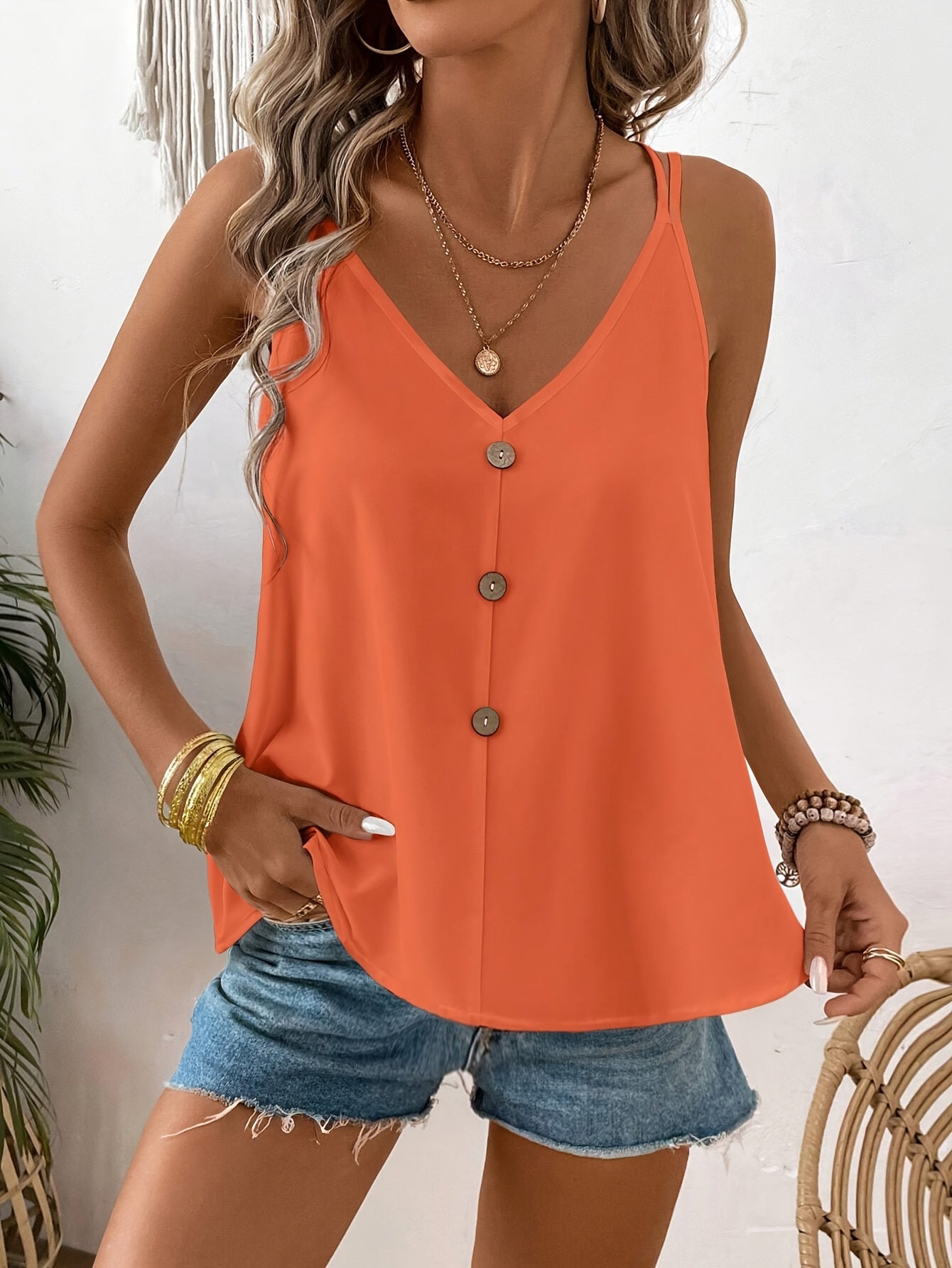 Button Front V Neck Cami Top, Elegant Solid Double Spaghetti Strap Sleeveless Top For Spring & Summer, Women's Clothing