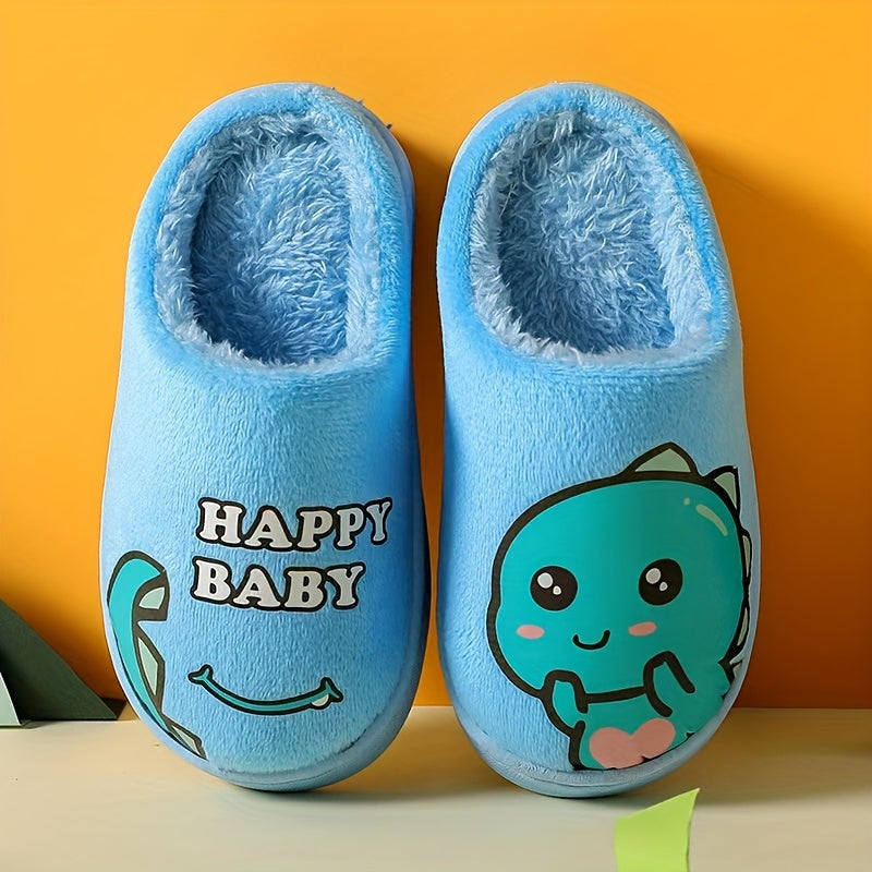 Happy Baby Cartoon Dinosaur Slippers for Kids: Soft Fleece, Rubber Sole, and Adorable Design for Boys and Girls Aged 14 and Under