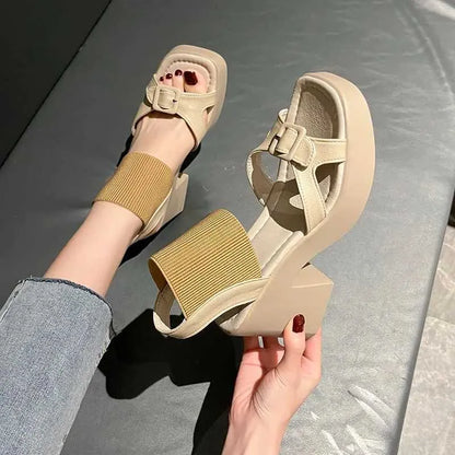 Dress Shoes  Womens High Quality Elastic Band Sandals Summer Platform Heel Zapatos Mujer H240527 TFD0