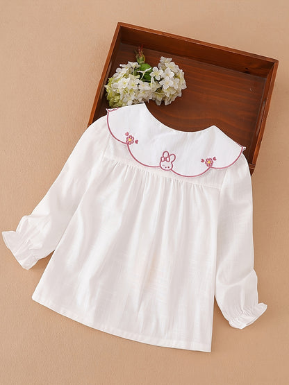 KUYIXIONG Girls Cute & Casual Long Sleeve Ruffle Trim Rabbit Stitched Doll Collar Button Up Cotton Shirt Top For Spring & Fall