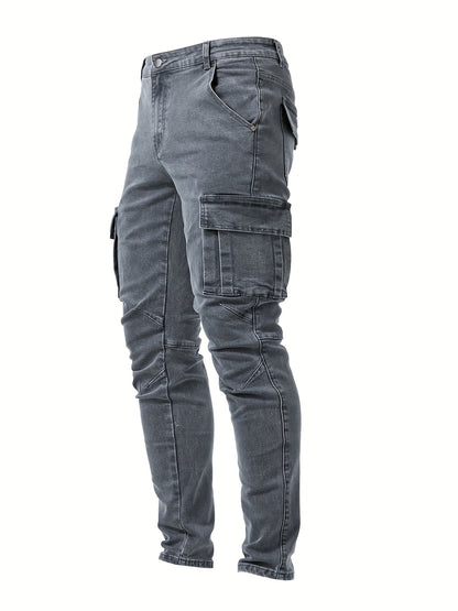 Men's Slim Fit Cargo Jeans - High Stretch Denim Pants with Multiple Pockets for Casual Street Style in Spring and Summer