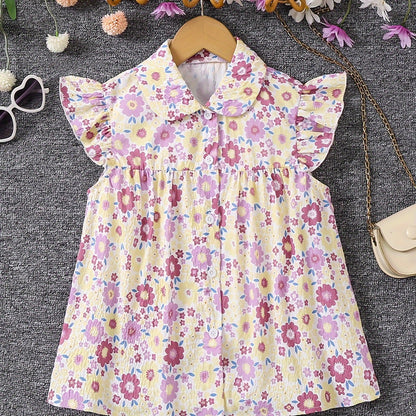 Girls' Floral Print Blouse with Ruffle Sleeves, Cute Everyday Versatile Top, Spring/Summer Fashion for Kids, Button-up Back Design