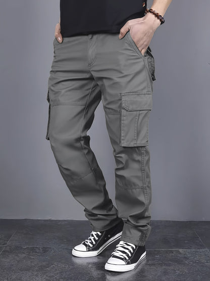 Mens Loose Fit Solid Color Cargo Pants - Multi-Pocket Drawstring Trousers for Weekend Casual - Polyester, Non-Stretch, Mid Waist, Regular Length, Hand Washable