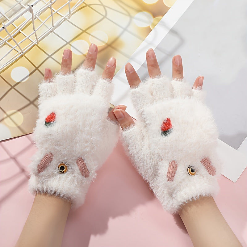 Cute Cat Paw Fuzzy Lined Mitten Gloves - Soft, Warm, Flip-Up, Fingerless, Winter Gloves with Aesthetic Design