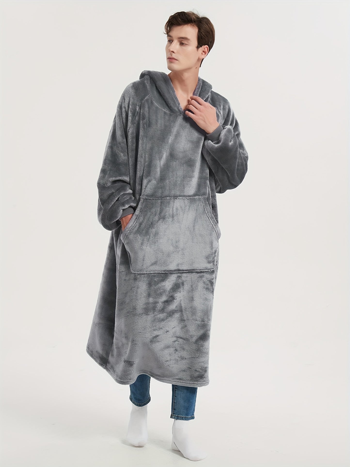 Men's Cozy Flannel Hooded Robe - Extra Long, Solid Color Lounge Wear with Pockets for Autumn & Winter, Machine Washable