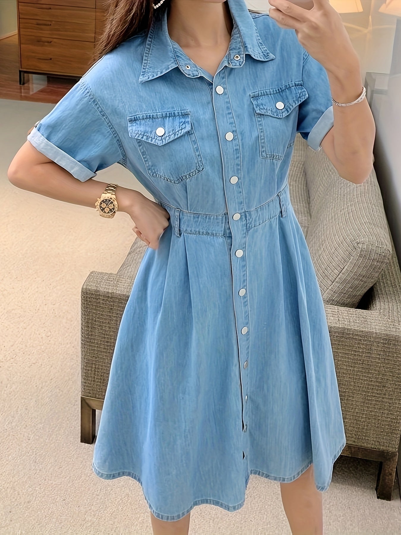 Chic Single-Breasted Denim Dress - Short Sleeve with Belted Waist - Elegant Lapel Casual Washed Style - Womens Premium Jeans Clothing