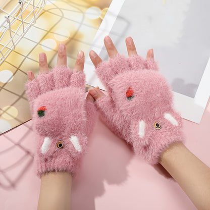 Cute Cat Paw Fuzzy Lined Mitten Gloves - Soft, Warm, Flip-Up, Fingerless, Winter Gloves with Aesthetic Design