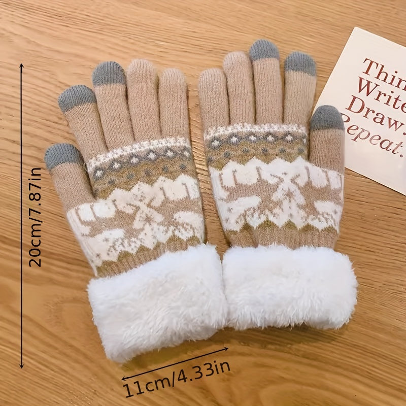 Plus Velvet Thickened Warm Gloves - Stretchy, Cute Deer Print, Touch Screen, Coldproof, Outdoor Cycling, Winter Warmth, Christmas Gift Idea