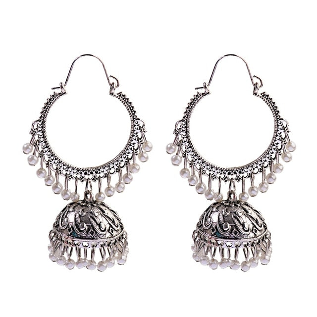 sengpan Christmas gifts ideas  Women's Ethnic Retro Round Indian Jhumka Earrings Classic Vintage White Beads Tassel Earrings Wedding Jewelry Bijoux