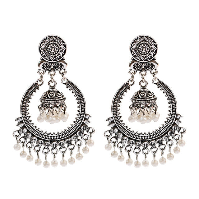 sengpan Christmas gifts ideas  Women's Ethnic Retro Round Indian Jhumka Earrings Classic Vintage White Beads Tassel Earrings Wedding Jewelry Bijoux