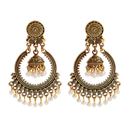 sengpan Christmas gifts ideas  Women's Ethnic Retro Round Indian Jhumka Earrings Classic Vintage White Beads Tassel Earrings Wedding Jewelry Bijoux