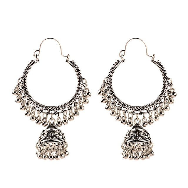 sengpan Christmas gifts ideas  Women's Ethnic Retro Round Indian Jhumka Earrings Classic Vintage White Beads Tassel Earrings Wedding Jewelry Bijoux