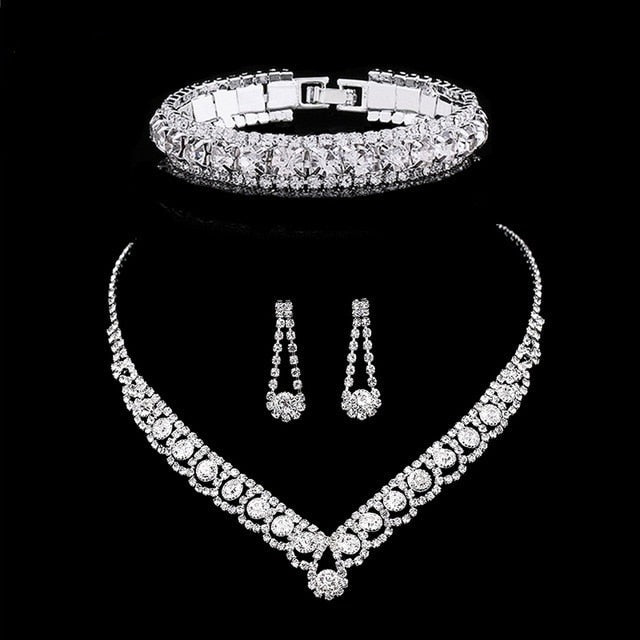 sengpan Silver Color Rhinestone Crystal Bridal Jewelry Sets for Women Necklace Earrings Bracelet Set Wedding Jewelry Accessories