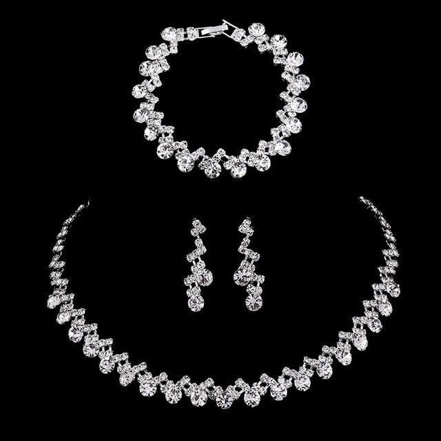 sengpan Silver Color Rhinestone Crystal Bridal Jewelry Sets for Women Necklace Earrings Bracelet Set Wedding Jewelry Accessories