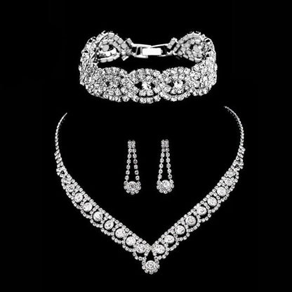 sengpan Silver Color Rhinestone Crystal Bridal Jewelry Sets for Women Necklace Earrings Bracelet Set Wedding Jewelry Accessories