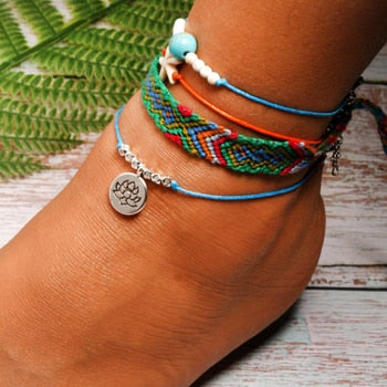 sengpan  Handmade Weave Bobo Lotus Anklet Set Fashion Starfish 4 Pieces Bohemian Chic Summer Bracelet ankle for Women Gift