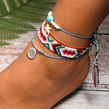 sengpan  Handmade Weave Bobo Lotus Anklet Set Fashion Starfish 4 Pieces Bohemian Chic Summer Bracelet ankle for Women Gift