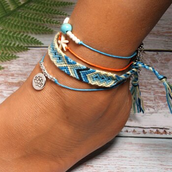 sengpan  Handmade Weave Bobo Lotus Anklet Set Fashion Starfish 4 Pieces Bohemian Chic Summer Bracelet ankle for Women Gift