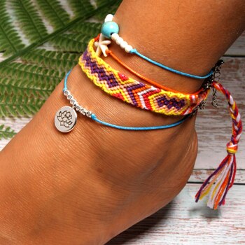 sengpan  Handmade Weave Bobo Lotus Anklet Set Fashion Starfish 4 Pieces Bohemian Chic Summer Bracelet ankle for Women Gift