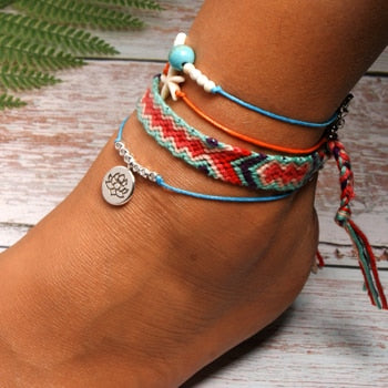 sengpan  Handmade Weave Bobo Lotus Anklet Set Fashion Starfish 4 Pieces Bohemian Chic Summer Bracelet ankle for Women Gift