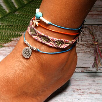 sengpan  Handmade Weave Bobo Lotus Anklet Set Fashion Starfish 4 Pieces Bohemian Chic Summer Bracelet ankle for Women Gift