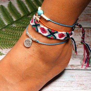 sengpan  Handmade Weave Bobo Lotus Anklet Set Fashion Starfish 4 Pieces Bohemian Chic Summer Bracelet ankle for Women Gift