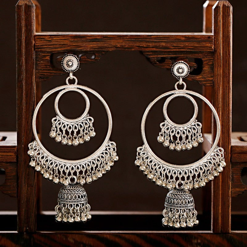 sengpan Christmas wishlist Retro Indian Jewelry Jhumka Jhumki Drop Earrings Gypsy Gold Silver Color Tassel Earrings For Women Fashion Jewelry