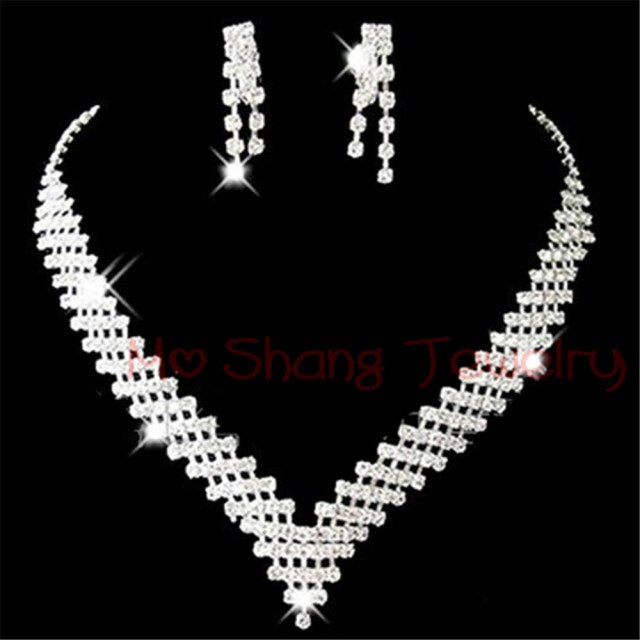 sengpan bridal jewelry set for wedding Newest White Crystal Rhinestones Silver Plated Fashion V Collar Necklace&Earrings Jewelry Set Formal Party Prom Jewelry