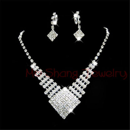 sengpan bridal jewelry set for wedding Newest White Crystal Rhinestones Silver Plated Fashion V Collar Necklace&Earrings Jewelry Set Formal Party Prom Jewelry