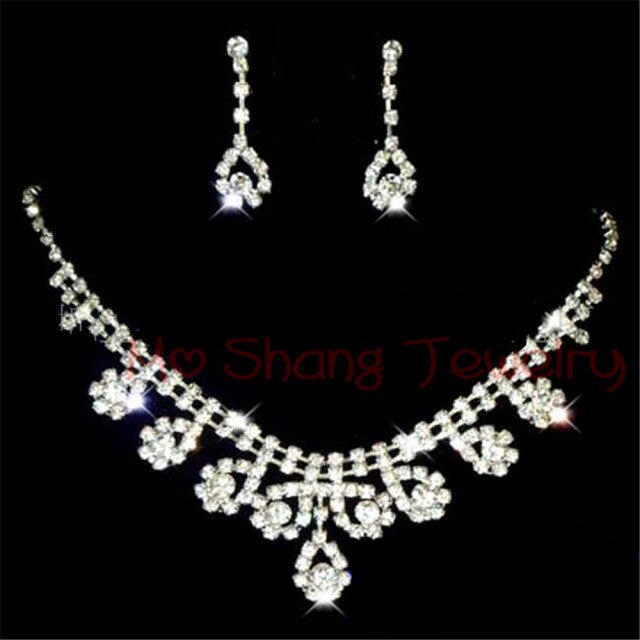 sengpan bridal jewelry set for wedding Newest White Crystal Rhinestones Silver Plated Fashion V Collar Necklace&Earrings Jewelry Set Formal Party Prom Jewelry