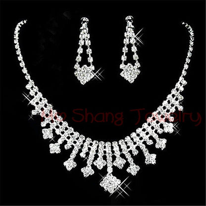 sengpan bridal jewelry set for wedding Newest White Crystal Rhinestones Silver Plated Fashion V Collar Necklace&Earrings Jewelry Set Formal Party Prom Jewelry