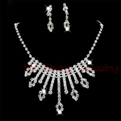 sengpan bridal jewelry set for wedding Newest White Crystal Rhinestones Silver Plated Fashion V Collar Necklace&Earrings Jewelry Set Formal Party Prom Jewelry