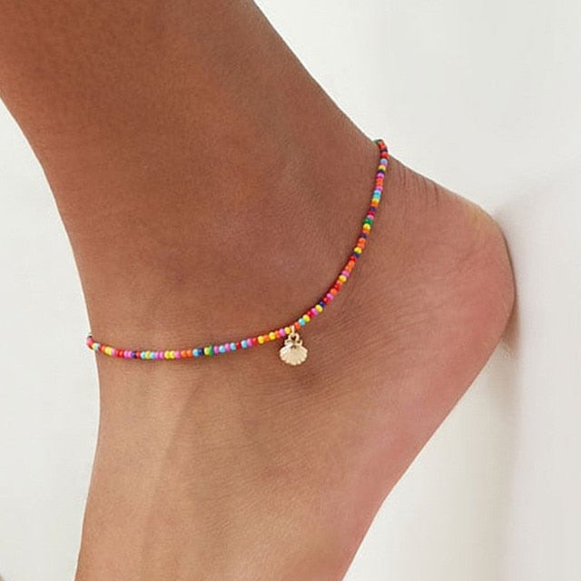 sengpan Multi Rainbow Colorful Seed Beads Foot Leg Ankle Bracelet Handmade Beaded Ocean Beach Anklets For Women Beach Jewelry