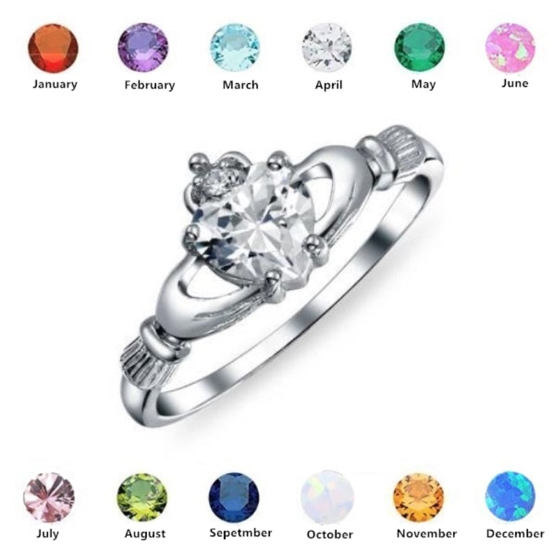 sengpan Christmas wishlist Love Heart Ring with Birthstone Silver Plated Irish Claddagh Wedding Engagement Rings for Women Best Christmas Lover Gift