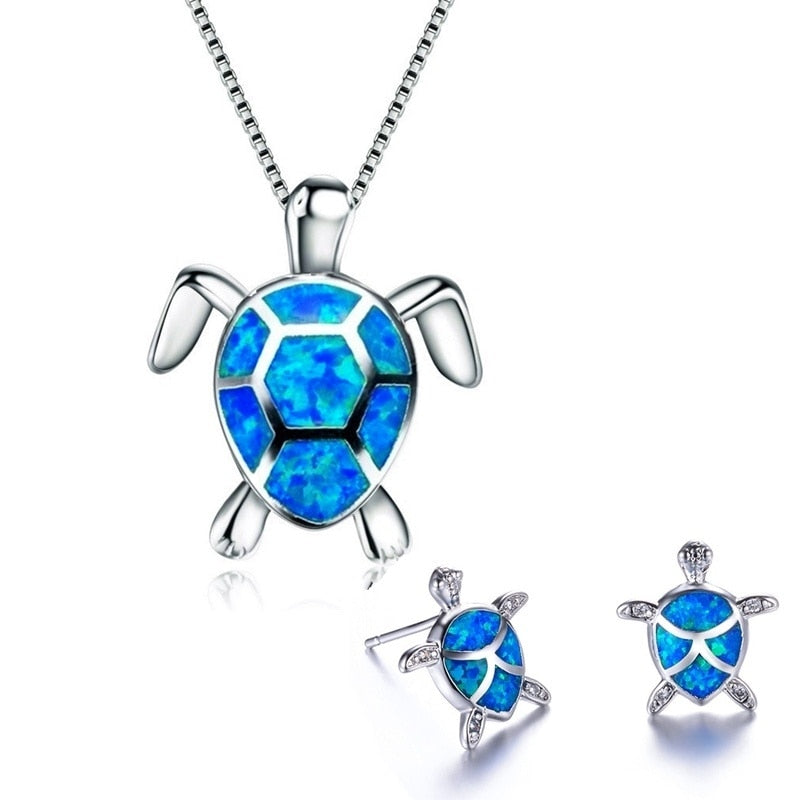 sengpan Christmas gifts ideas Classic Cute Sea Turtle Necklace Earrings jewelry set Trendy Animal Fire Opal Stud Earring for girl women best gift