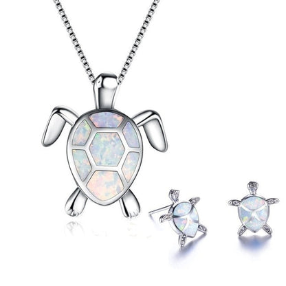 sengpan Christmas gifts ideas Classic Cute Sea Turtle Necklace Earrings jewelry set Trendy Animal Fire Opal Stud Earring for girl women best gift