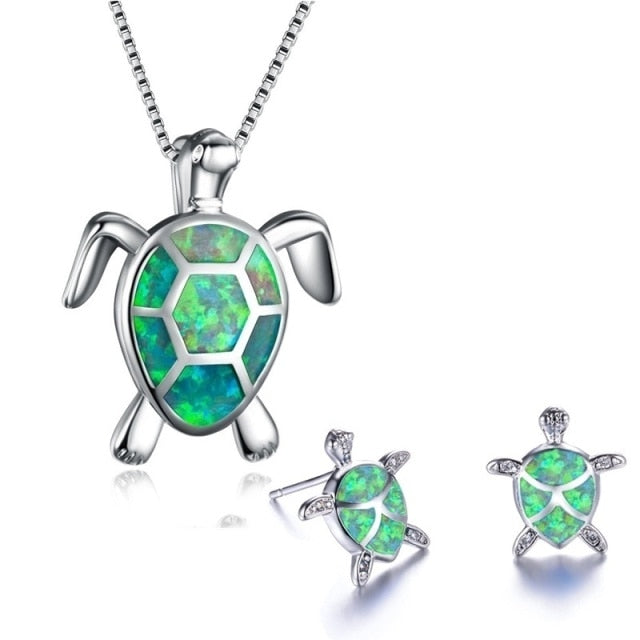 sengpan Christmas gifts ideas Classic Cute Sea Turtle Necklace Earrings jewelry set Trendy Animal Fire Opal Stud Earring for girl women best gift