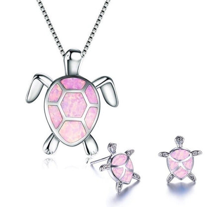 sengpan Christmas gifts ideas Classic Cute Sea Turtle Necklace Earrings jewelry set Trendy Animal Fire Opal Stud Earring for girl women best gift