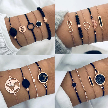 sengpan New Year's gifts for Girls  Bohemian Black Gem Stone Beads Bracelets Bangles For Women Heart Map Ocean Gold Color Chain Bracelets Sets Jewelry Gifts