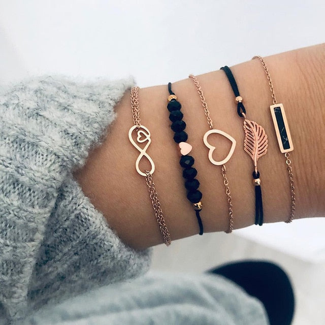 sengpan 6 pcs/set Love Heart Infinity Symbol Charm Bracelets for Woman Gold Link Chain Bracelets Hollow Feather Black Beads Braclet Girl