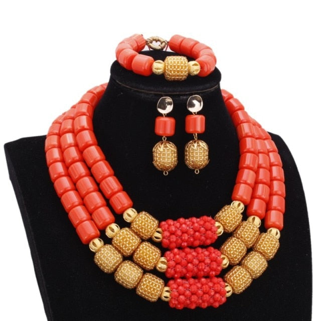 sengpan bridal jewelry set for wedding  Store African Jewelry Set New Designs 3 Layers Artificial Coral Beads Jewellery Set  With Gold Beaded Balls 3 Pieces