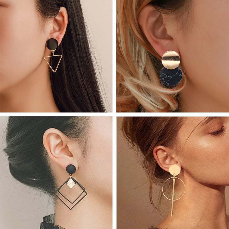 sengpan Korean Statement Black Acrylic Drop Earrings for Women Fashion Jewelry Vintage Geometric Gold Asymmetric Earring