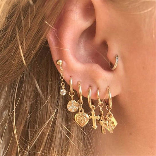 sengpan  gifts for women Vintage Gold Ball Cross Heart Geometric Earring Sets for Women Gift Punk Fashion Crystal Pearl Stud Earrings Jewelry