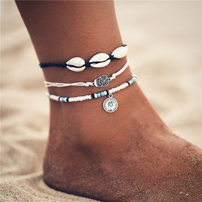 sengpan Boho Ocean Beach Sea Shell Cowrie Ankle Bracelet Multi Layer Beads Adjustable String Macrame Mussel Seashell Anklets for Women